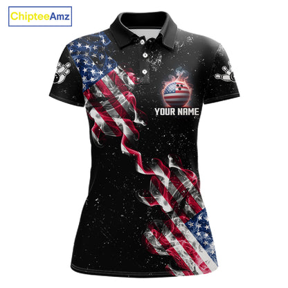Personalized American Flag Smoke Bowling Shirt For Women Custom Patriotic Bowling Team Jersey TDM7449