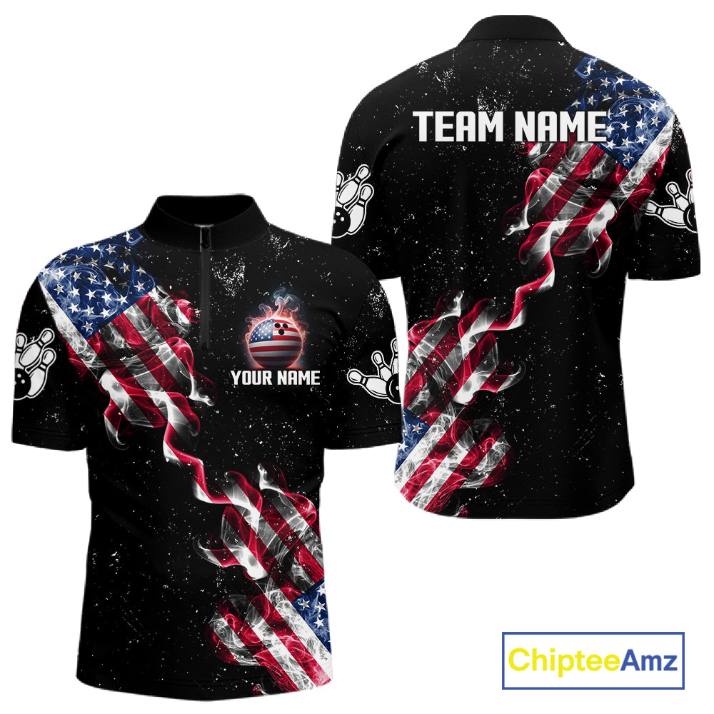 Personalized American Flag Smoke Bowling Shirt For Men Custom Patriotic Bowling Team Jersey TDM7449