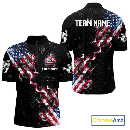 Personalized American Flag Smoke Bowling Shirt For Men Custom Patriotic Bowling Team Jersey TDM7449