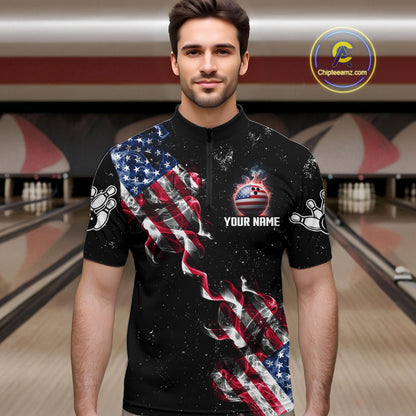 Personalized American Flag Smoke Bowling Shirt For Men Custom Patriotic Bowling Team Jersey TDM7449