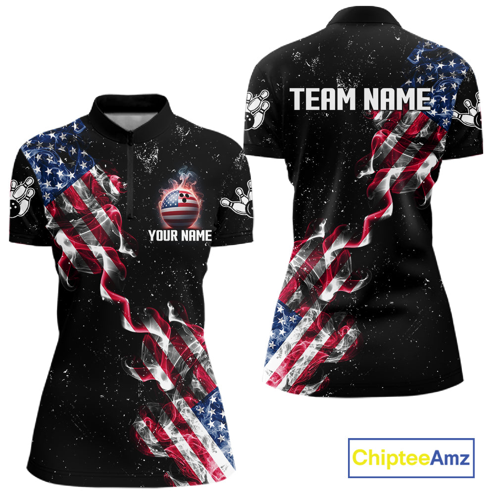 Personalized American Flag Smoke Bowling Shirt For Women Custom Patriotic Bowling Team Jersey TDM7449