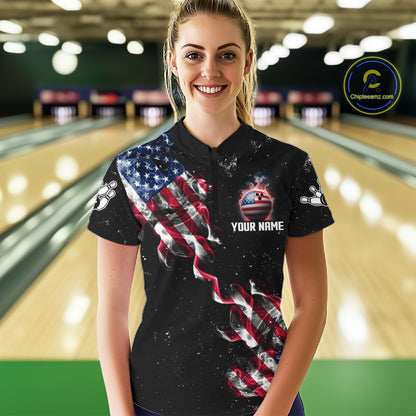 Personalized American Flag Smoke Bowling Shirt For Women Custom Patriotic Bowling Team Jersey TDM7449