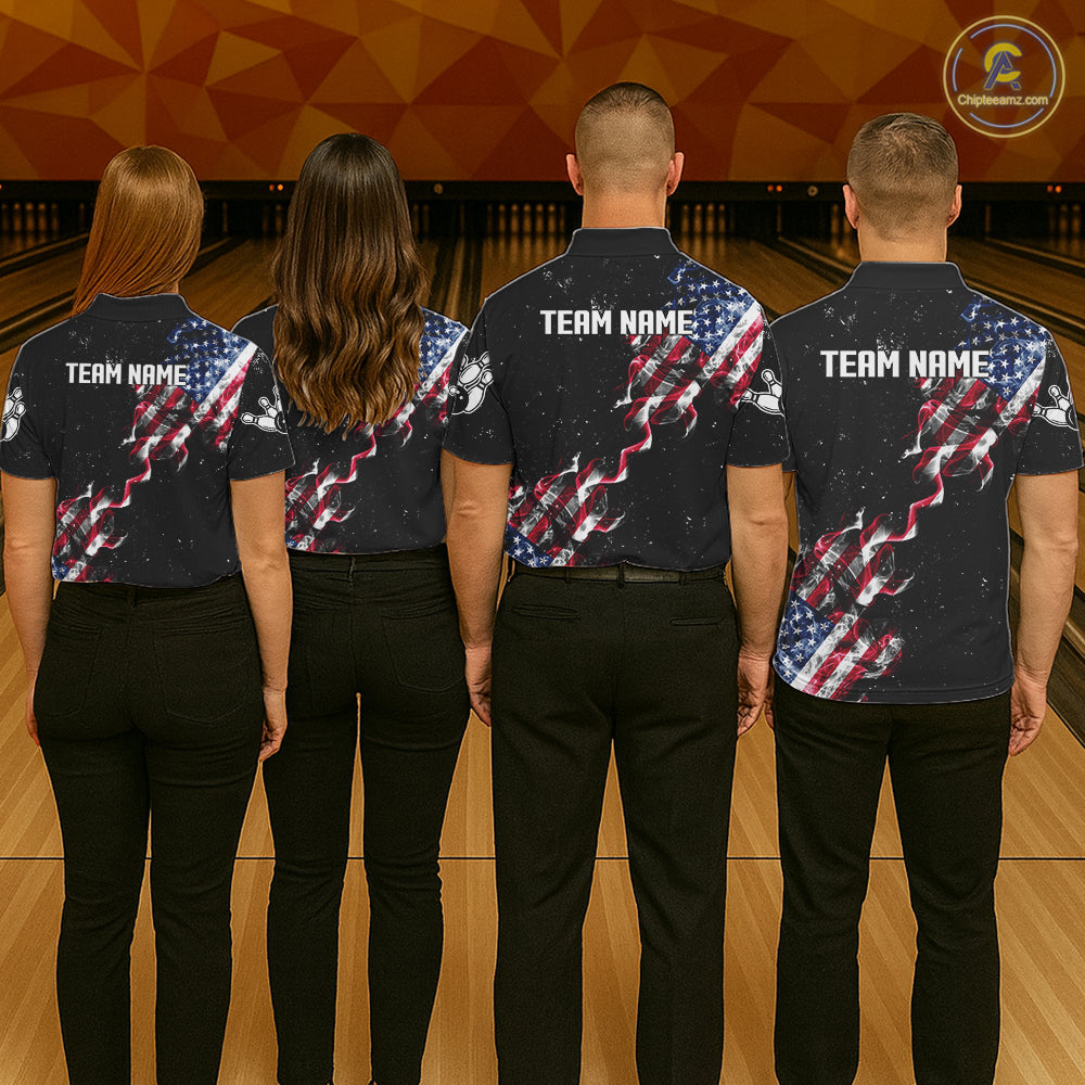 Personalized American Flag Smoke Bowling Shirt For Women Custom Patriotic Bowling Team Jersey TDM7449
