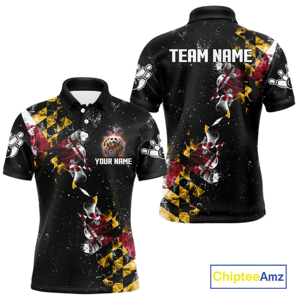 Personalized Maryland Flag Smoke Bowling Shirt For Men Custom Patriotic Bowling Team Jersey TDM7450