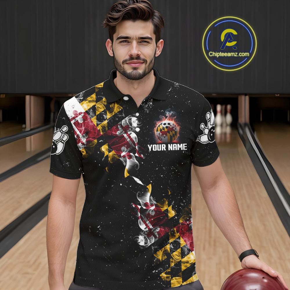 Personalized Maryland Flag Smoke Bowling Shirt For Men Custom Patriotic Bowling Team Jersey TDM7450