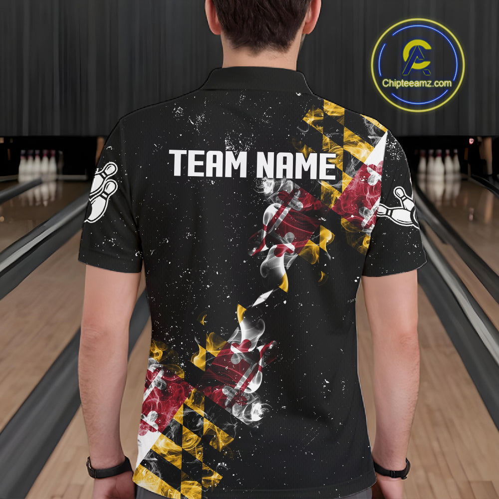 Personalized Maryland Flag Smoke Bowling Shirt For Men Custom Patriotic Bowling Team Jersey TDM7450