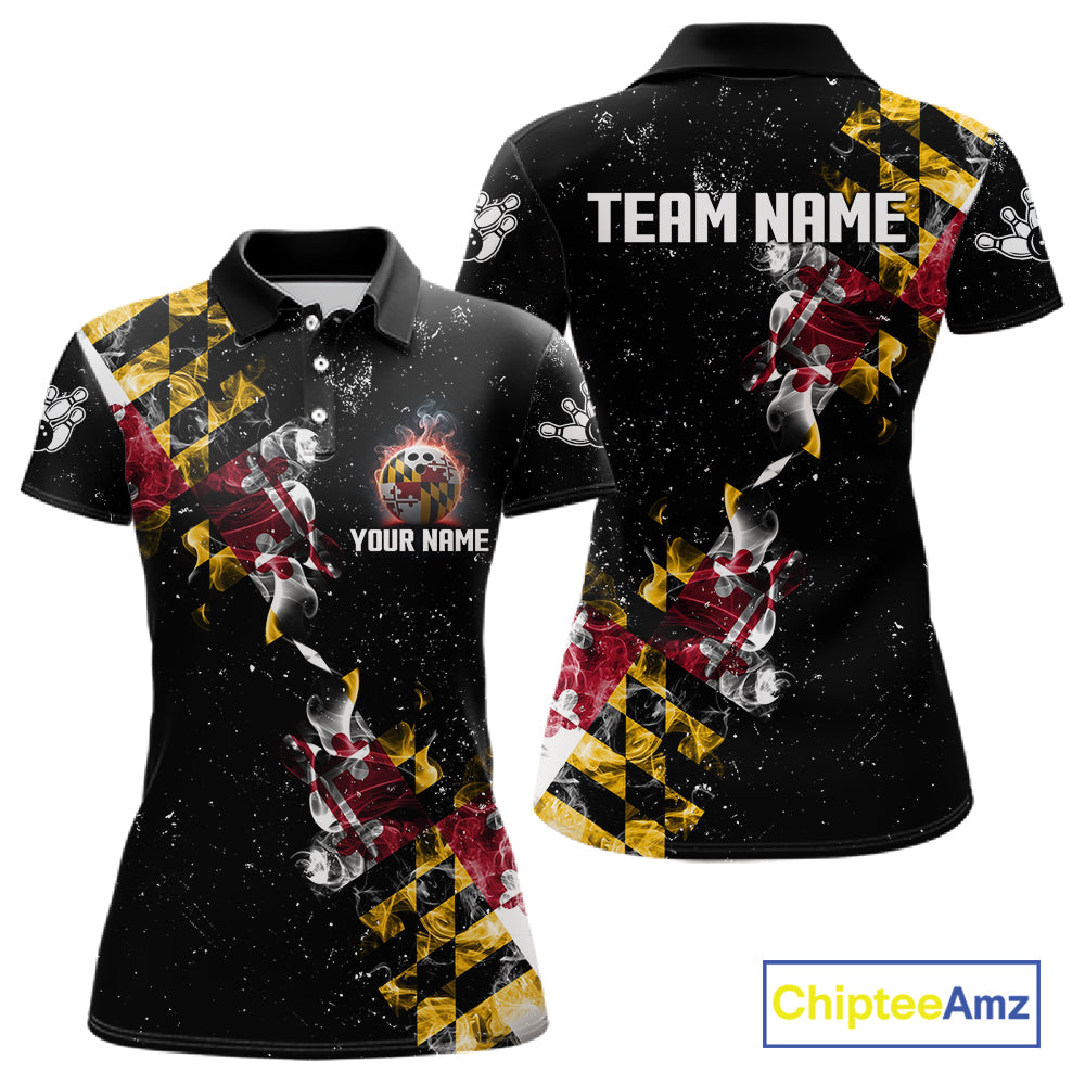 Personalized Maryland Flag Smoke Bowling Shirt For Women Custom Patriotic Bowling Team Jersey TDM7450