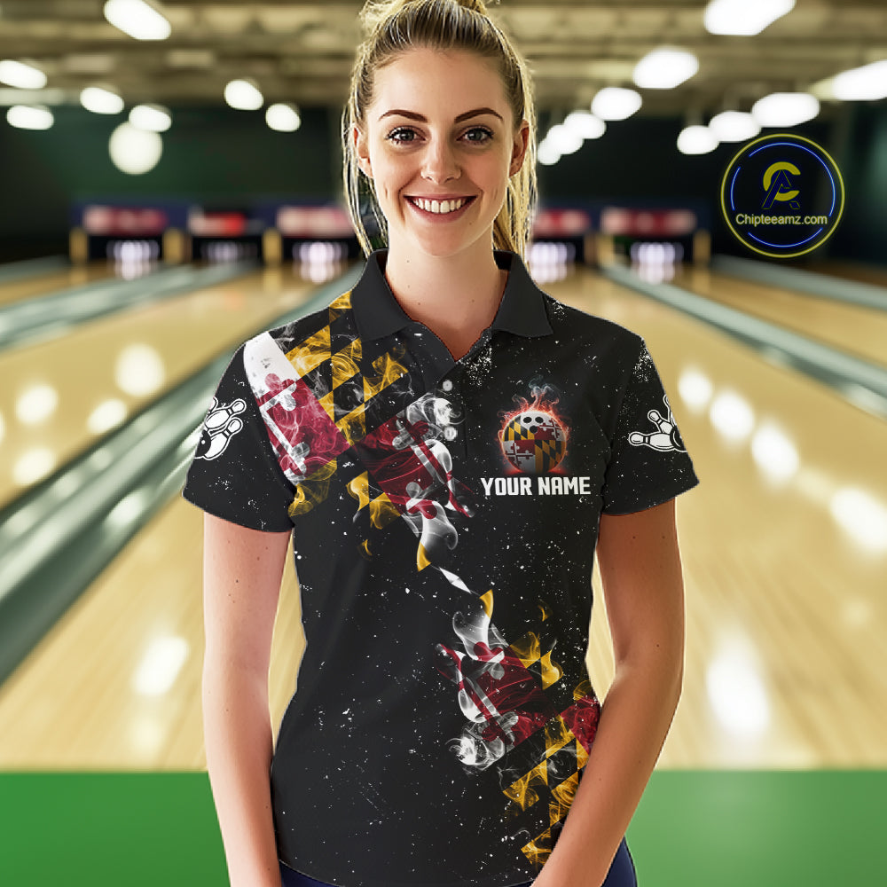 Personalized Maryland Flag Smoke Bowling Shirt For Women Custom Patriotic Bowling Team Jersey TDM7450