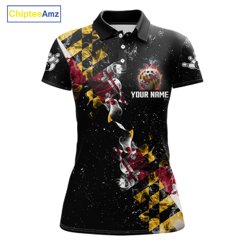 Personalized Maryland Flag Smoke Bowling Shirt For Women Custom Patriotic Bowling Team Jersey TDM7450