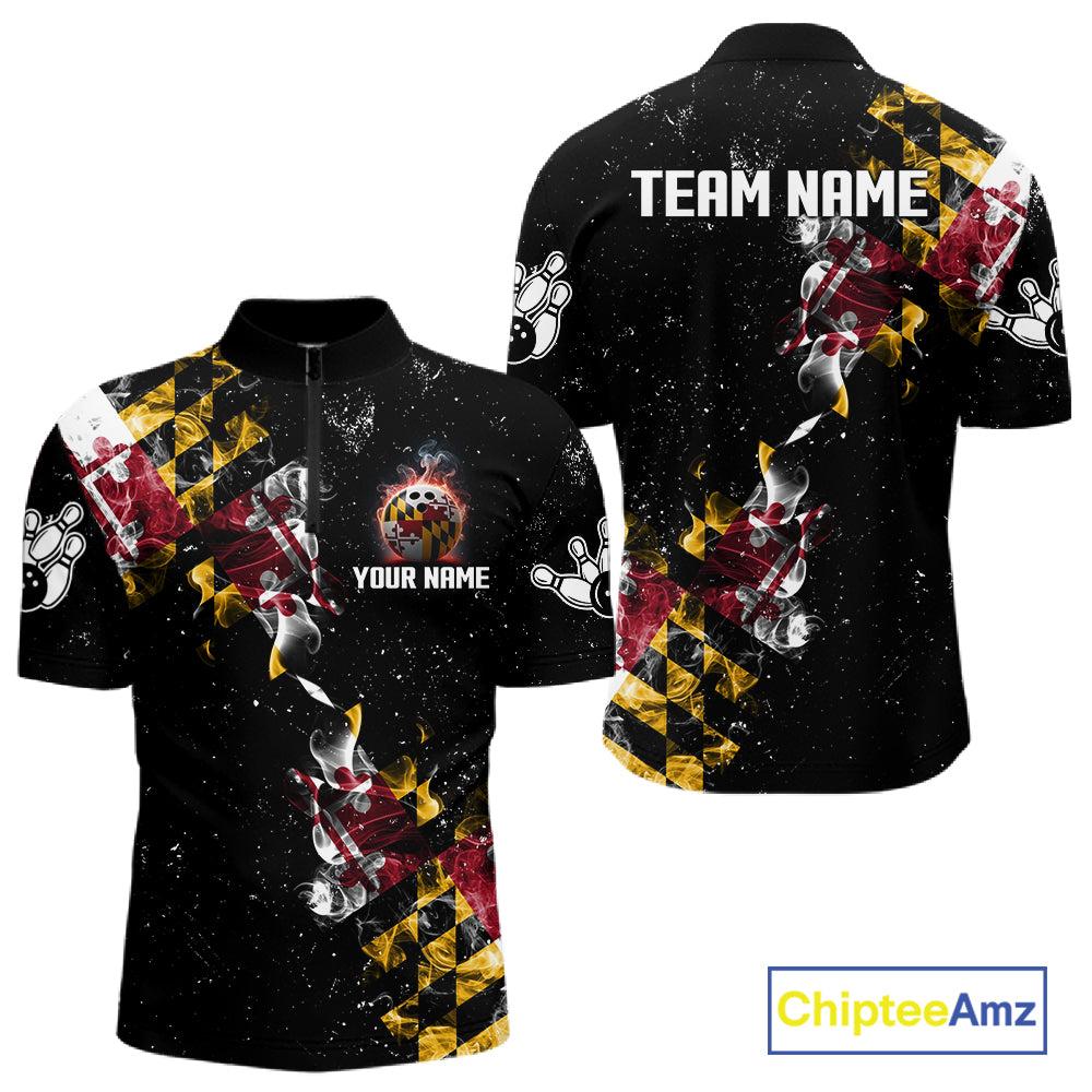 Personalized Maryland Flag Smoke Bowling Shirt For Men Custom Patriotic Bowling Team Jersey TDM7450