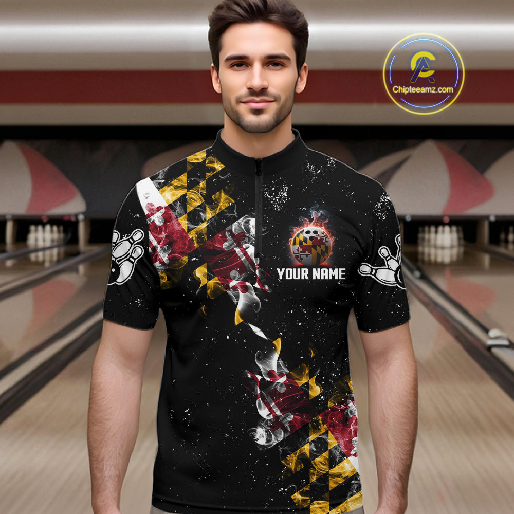 Personalized Maryland Flag Smoke Bowling Shirt For Men Custom Patriotic Bowling Team Jersey TDM7450