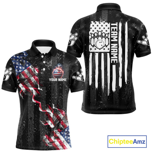 Custom American Flag Smoke Bowling Shirts For Men, Patriotic Bowling Team Jersey Polo & 1/4 Zip TDM7451