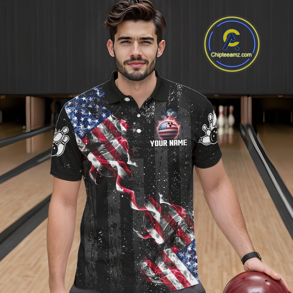 Custom American Flag Smoke Bowling Shirts For Men, Patriotic Bowling Team Jersey Polo & 1/4 Zip TDM7451