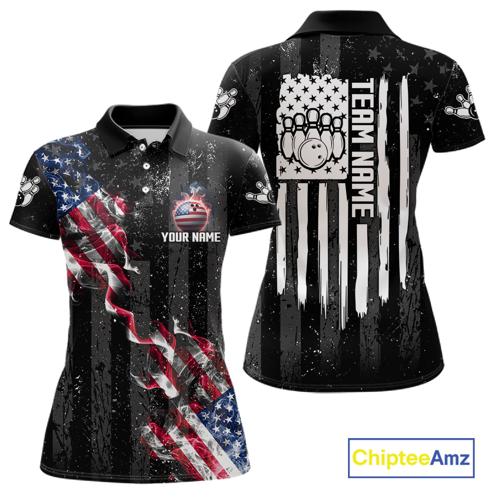 Custom American Flag Smoke Bowling Shirts For Women, Patriotic Bowling Team Jersey Polo & 1/4 Zip TDM7451