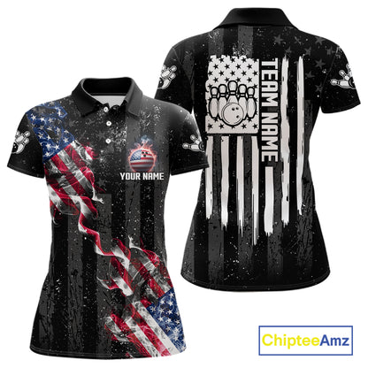Custom American Flag Smoke Bowling Shirts For Women, Patriotic Bowling Team Jersey Polo & 1/4 Zip TDM7451
