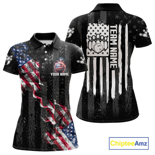 Custom American Flag Smoke Bowling Shirts For Women, Patriotic Bowling Team Jersey Polo & 1/4 Zip TDM7451