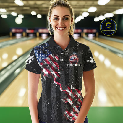 Custom American Flag Smoke Bowling Shirts For Women, Patriotic Bowling Team Jersey Polo & 1/4 Zip TDM7451
