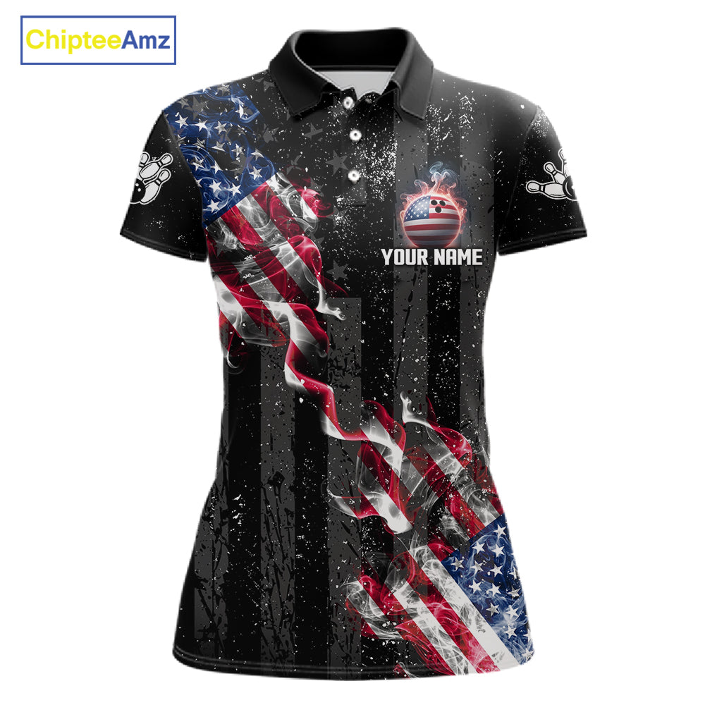 Custom American Flag Smoke Bowling Shirts For Women, Patriotic Bowling Team Jersey Polo & 1/4 Zip TDM7451