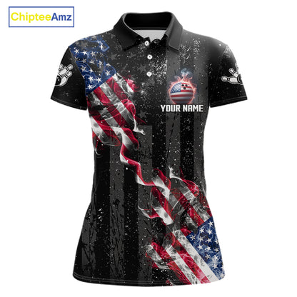 Custom American Flag Smoke Bowling Shirts For Women, Patriotic Bowling Team Jersey Polo & 1/4 Zip TDM7451