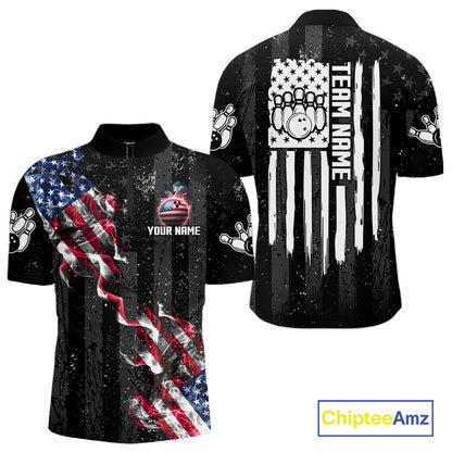 Custom American Flag Smoke Bowling Shirts For Men, Patriotic Bowling Team Jersey Polo & 1/4 Zip TDM7451