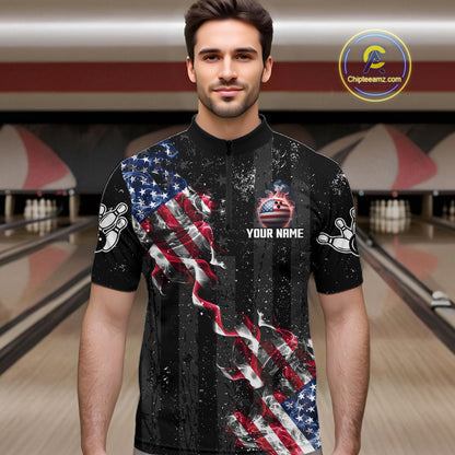 Custom American Flag Smoke Bowling Shirts For Men, Patriotic Bowling Team Jersey Polo & 1/4 Zip TDM7451