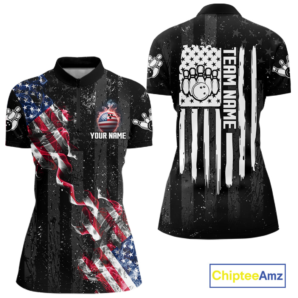 Custom American Flag Smoke Bowling Shirts For Women, Patriotic Bowling Team Jersey Polo & 1/4 Zip TDM7451