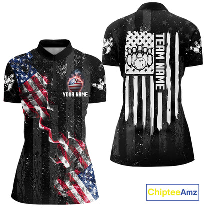 Custom American Flag Smoke Bowling Shirts For Women, Patriotic Bowling Team Jersey Polo & 1/4 Zip TDM7451