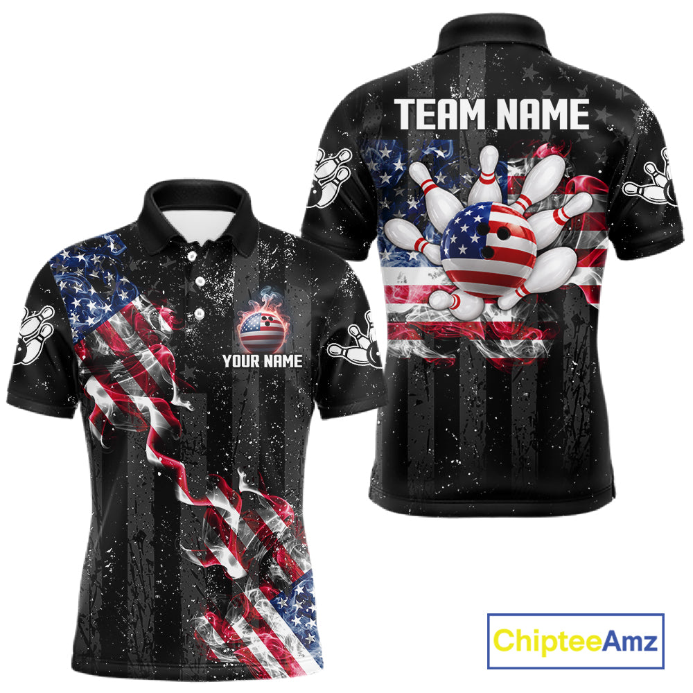 Custom US Flag Smoke Bowling Shirts For Men, Patriotic Bowling League Team Jersey Polo & 1/4 Zip TDM7452