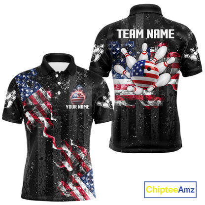 Custom US Flag Smoke Bowling Shirts For Men, Patriotic Bowling League Team Jersey Polo & 1/4 Zip TDM7452