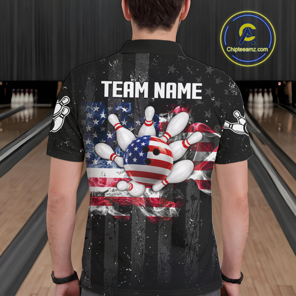 Custom US Flag Smoke Bowling Shirts For Men, Patriotic Bowling League Team Jersey Polo & 1/4 Zip TDM7452