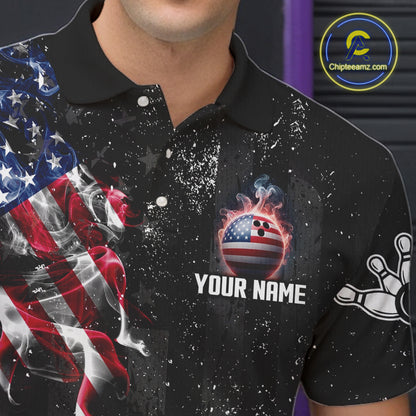 Custom US Flag Smoke Bowling Shirts For Men, Patriotic Bowling League Team Jersey Polo & 1/4 Zip TDM7452