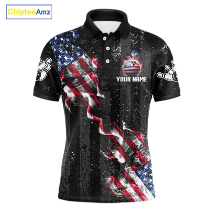 Custom US Flag Smoke Bowling Shirts For Men, Patriotic Bowling League Team Jersey Polo & 1/4 Zip TDM7452
