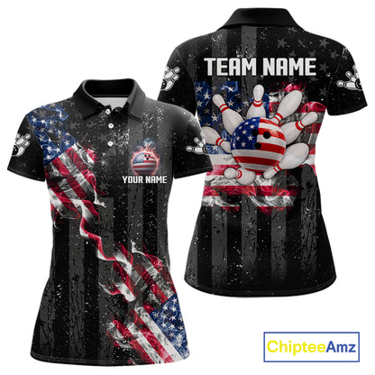 Custom US Flag Smoke Bowling Shirts For Women, Patriotic Bowling League Team Jersey Polo & 1/4 Zip TDM7452