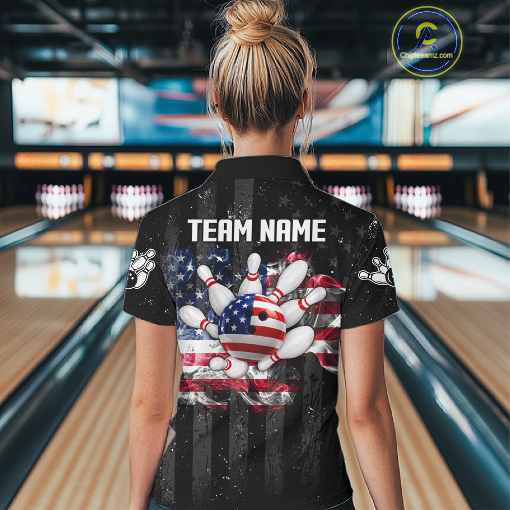Custom US Flag Smoke Bowling Shirts For Women, Patriotic Bowling League Team Jersey Polo & 1/4 Zip TDM7452