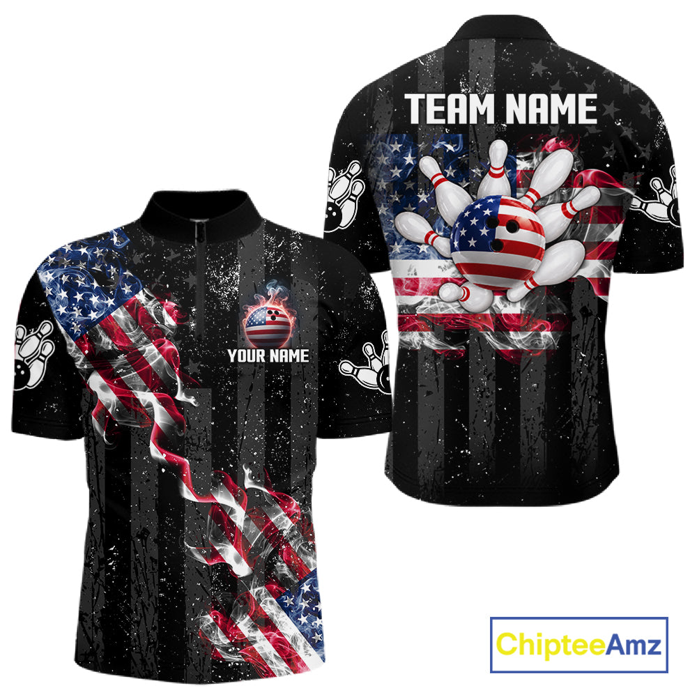 Custom US Flag Smoke Bowling Shirts For Men, Patriotic Bowling League Team Jersey Polo & 1/4 Zip TDM7452