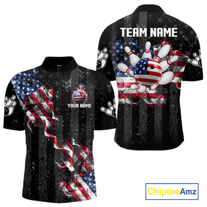 Custom US Flag Smoke Bowling Shirts For Men, Patriotic Bowling League Team Jersey Polo & 1/4 Zip TDM7452