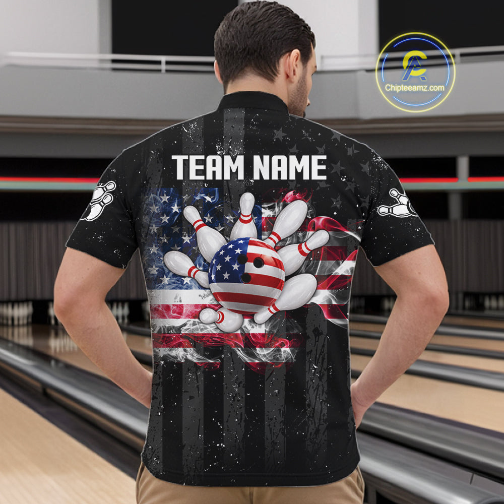 Custom US Flag Smoke Bowling Shirts For Men, Patriotic Bowling League Team Jersey Polo & 1/4 Zip TDM7452