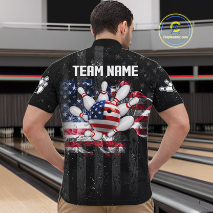Custom US Flag Smoke Bowling Shirts For Men, Patriotic Bowling League Team Jersey Polo & 1/4 Zip TDM7452