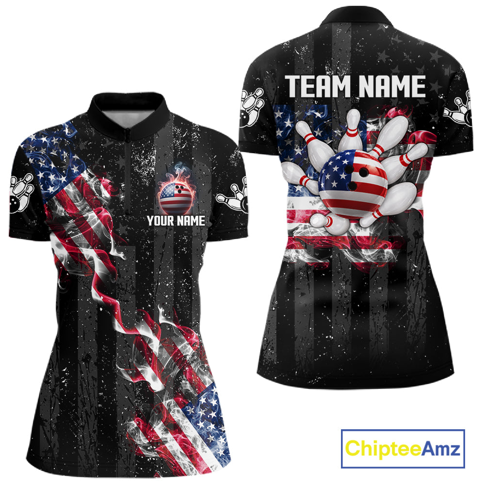 Custom US Flag Smoke Bowling Shirts For Women, Patriotic Bowling League Team Jersey Polo & 1/4 Zip TDM7452