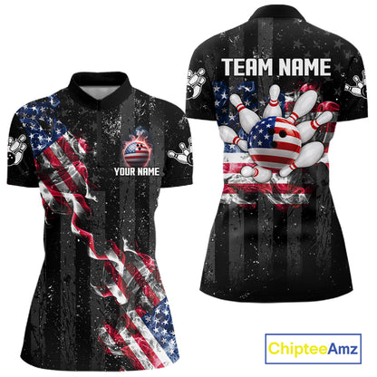 Custom US Flag Smoke Bowling Shirts For Women, Patriotic Bowling League Team Jersey Polo & 1/4 Zip TDM7452