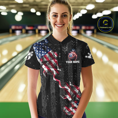Custom US Flag Smoke Bowling Shirts For Women, Patriotic Bowling League Team Jersey Polo & 1/4 Zip TDM7452