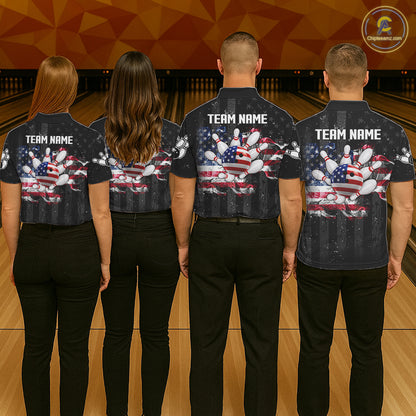 Custom US Flag Smoke Bowling Shirts For Men, Patriotic Bowling League Team Jersey Polo & 1/4 Zip TDM7452