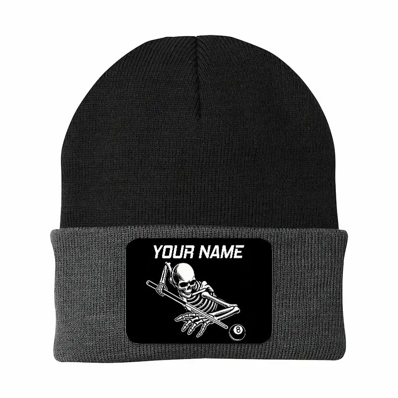 Personalized Skull 8 Ball Billiard Knit Beanie Hat With Rectangle Patch Custom Billiard Knit Cap TDM4940