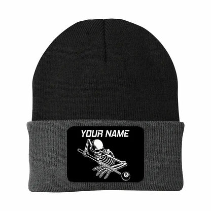 Personalized Skull 8 Ball Billiard Knit Beanie Hat With Rectangle Patch Custom Billiard Knit Cap TDM4940