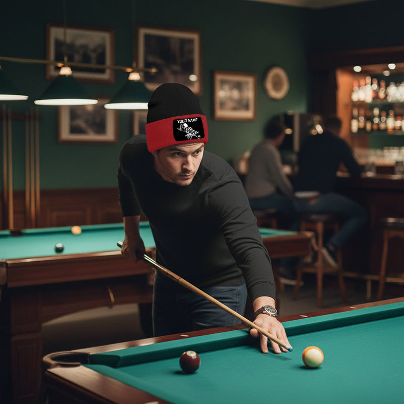 Personalized Skull 8 Ball Billiard Knit Beanie Hat With Rectangle Patch Custom Billiard Knit Cap TDM4940