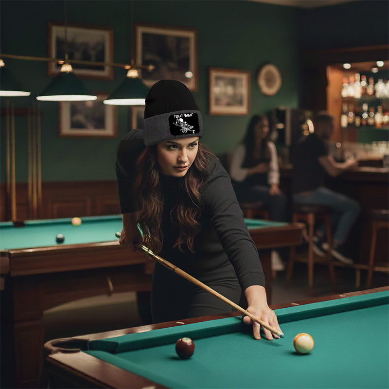 Personalized Skull 9 Ball Billiard Knit Beanie Hat With Rectangle Patch Custom Billiard Knit Cap TDM4941