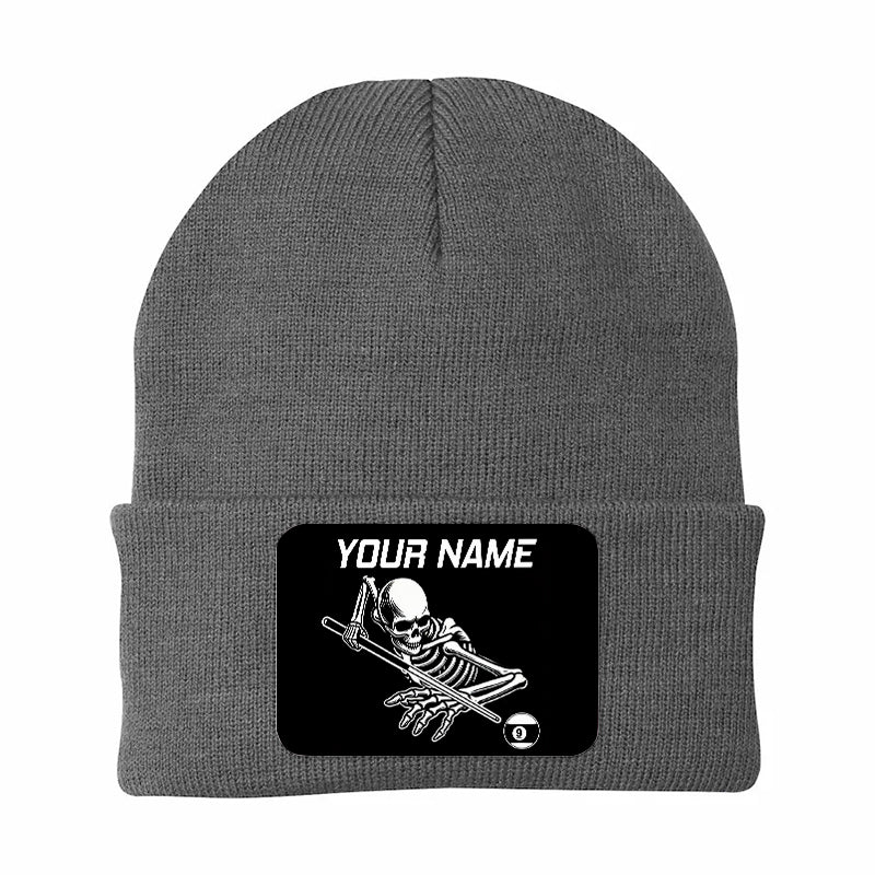 Personalized Skull 9 Ball Billiard Knit Beanie Hat With Rectangle Patch Custom Billiard Knit Cap TDM4941