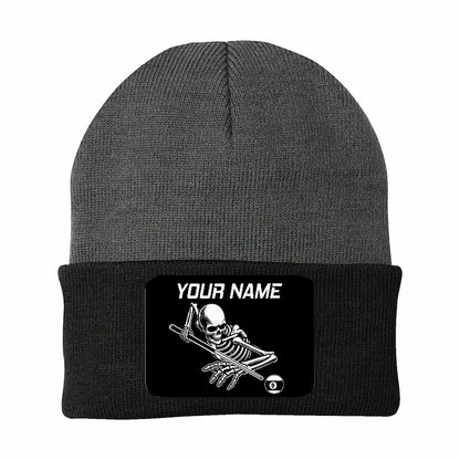 Personalized Skull 9 Ball Billiard Knit Beanie Hat With Rectangle Patch Custom Billiard Knit Cap TDM4941