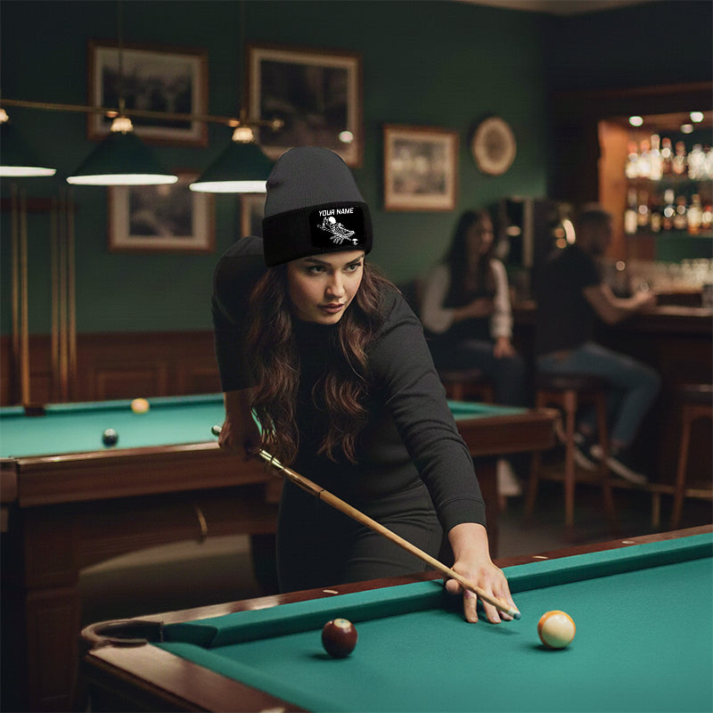 Personalized Skull 9 Ball Billiard Knit Beanie Hat With Rectangle Patch Custom Billiard Knit Cap TDM4941