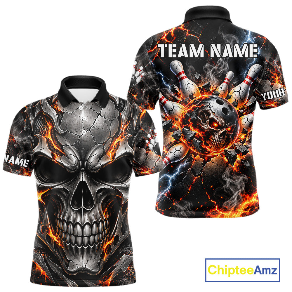 Custom Metal Skull Bowling Jersey For Men Personalized Fire Bowling Shirt, Bowling Team Uniform TDM7766